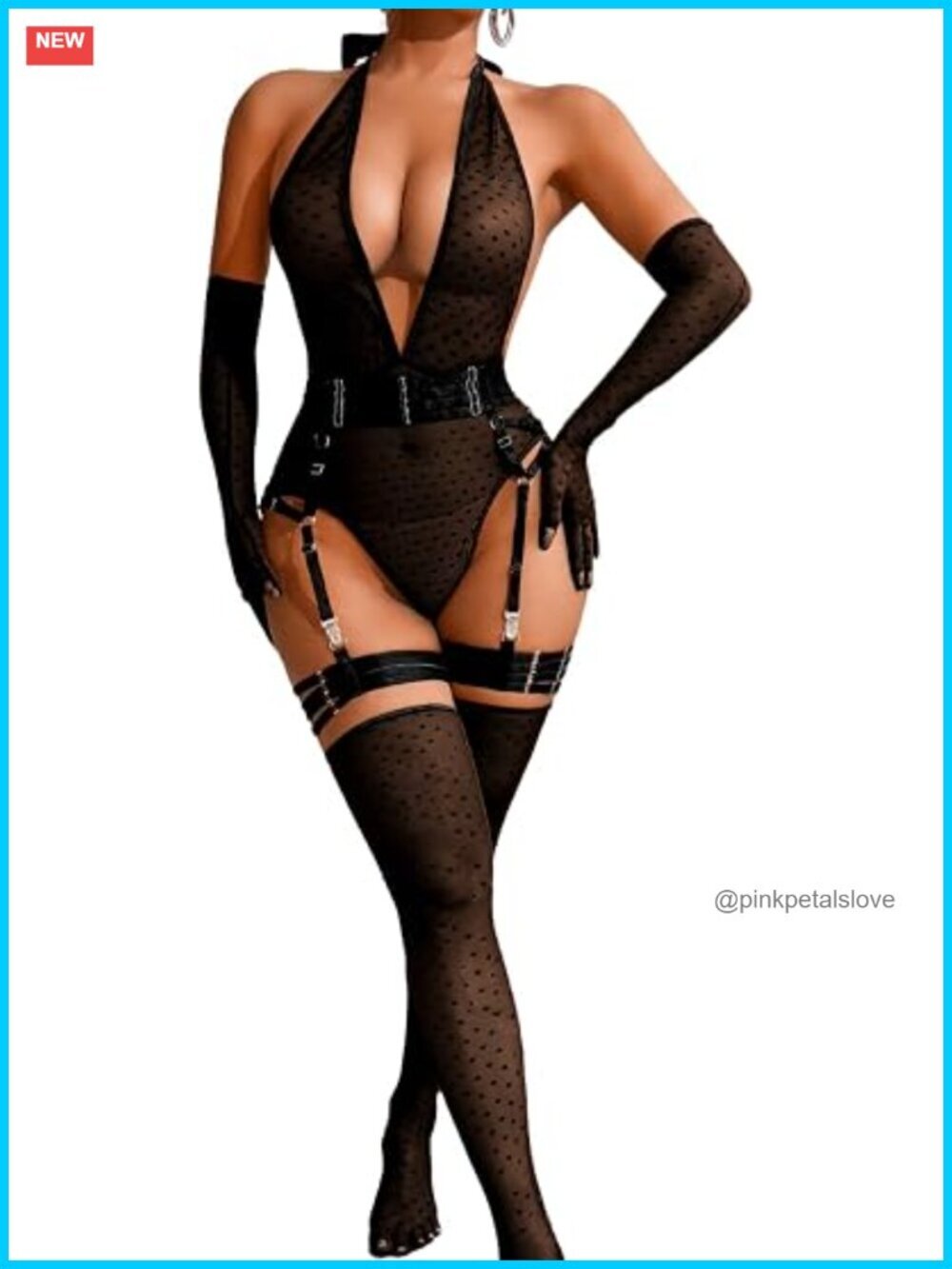 Sheer Mesh Bodysuit Lingerie Set 5PC Plunge Halter Backless